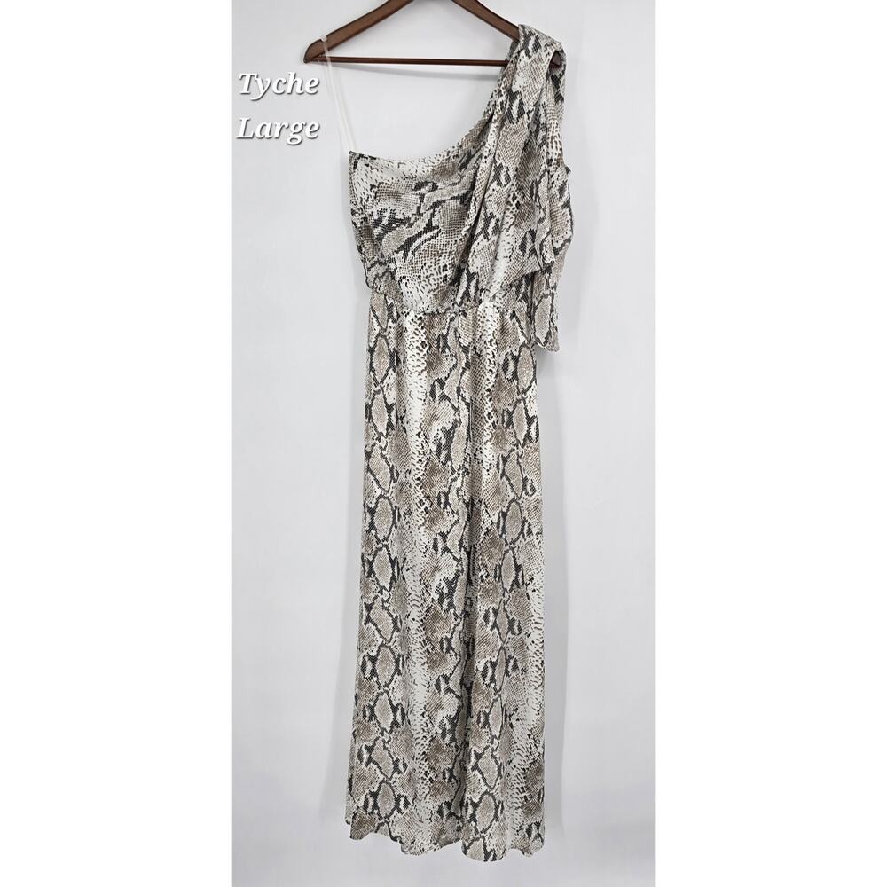 Tyche Snake Print One Shoulder Maxi Dress Large Asymmetrical Draped Boho Resort